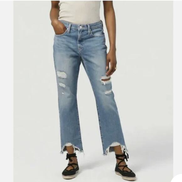 J. Crew Slouchy Boyfriend Capri Jeans Distressed Rocky Wash Raw Hem Sz 32 petite - Picture 1 of 8